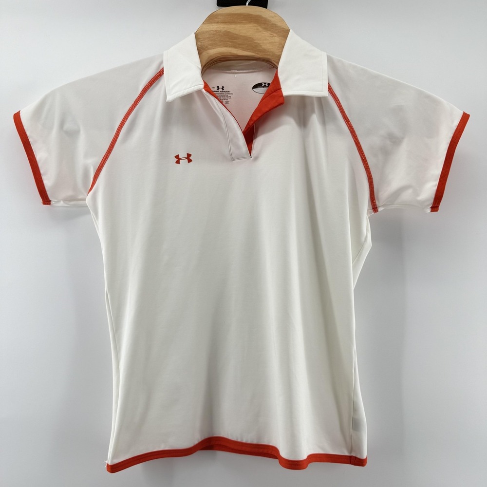 Under Armour Shirt Medium White Orange Performance Polo Athletic Tennis Golf Top
